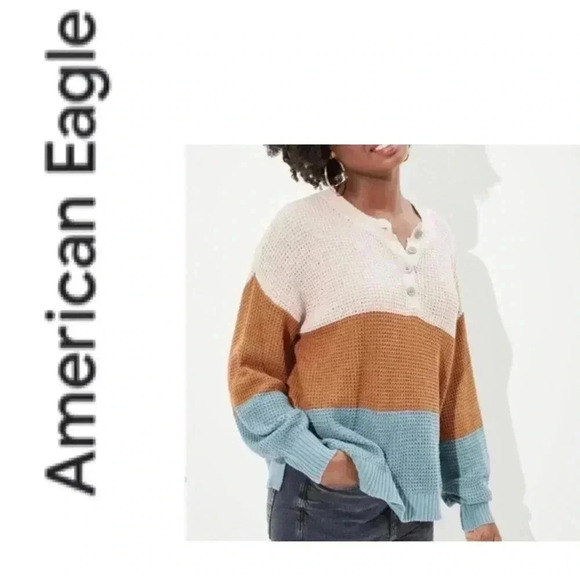🆕 American Eagle Stripe Color Block Henley Sweater M🆕 - Picture 1 of 9